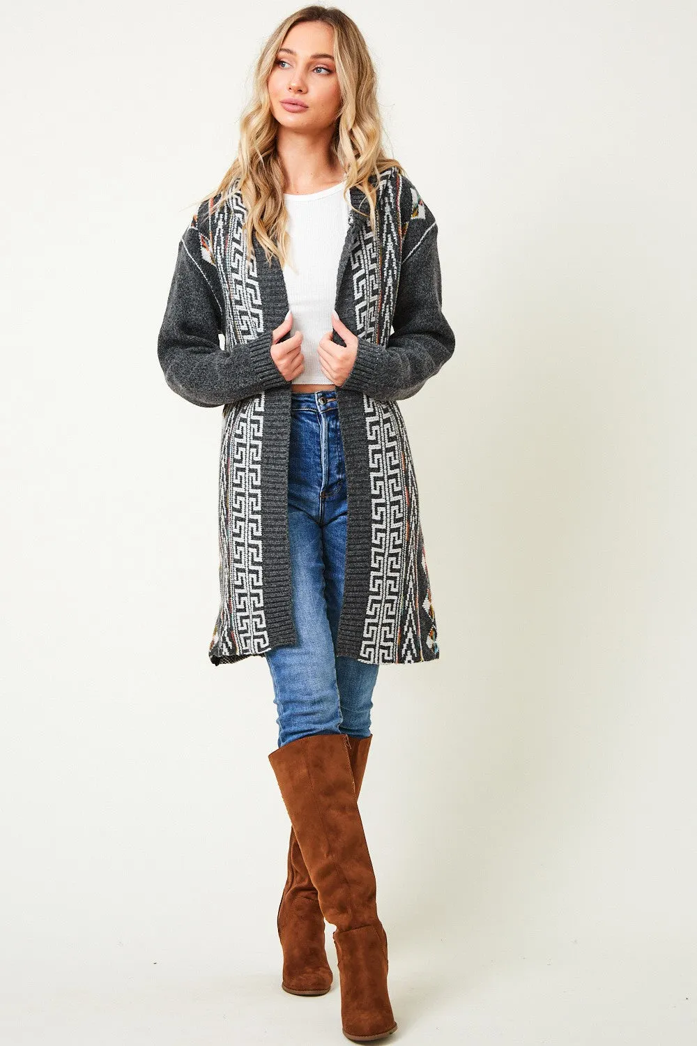 Aztec Pattern Long Sleeve Hooded Open Front Long Sweater Cardigan Plus Size