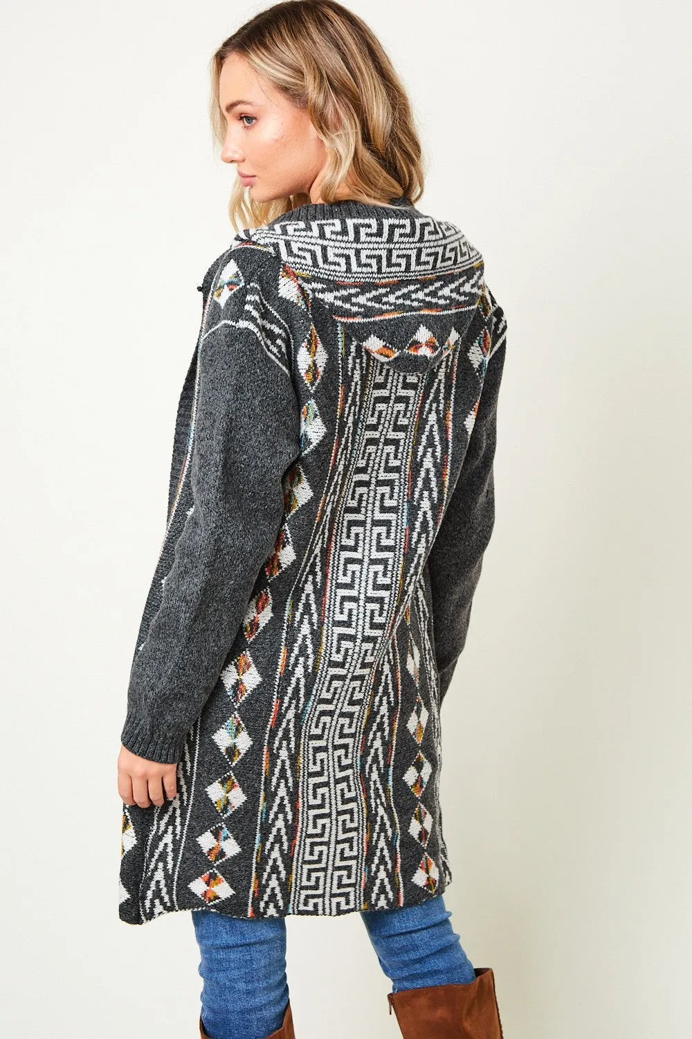 Aztec Pattern Long Sleeve Hooded Open Front Long Sweater Cardigan Plus Size