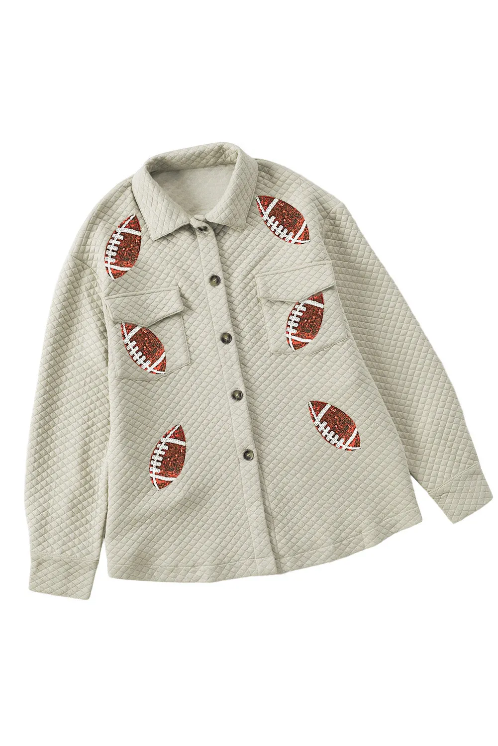 Beige Sequin Rugby Football Quilted Buttoned Turn Down Collar Shacket