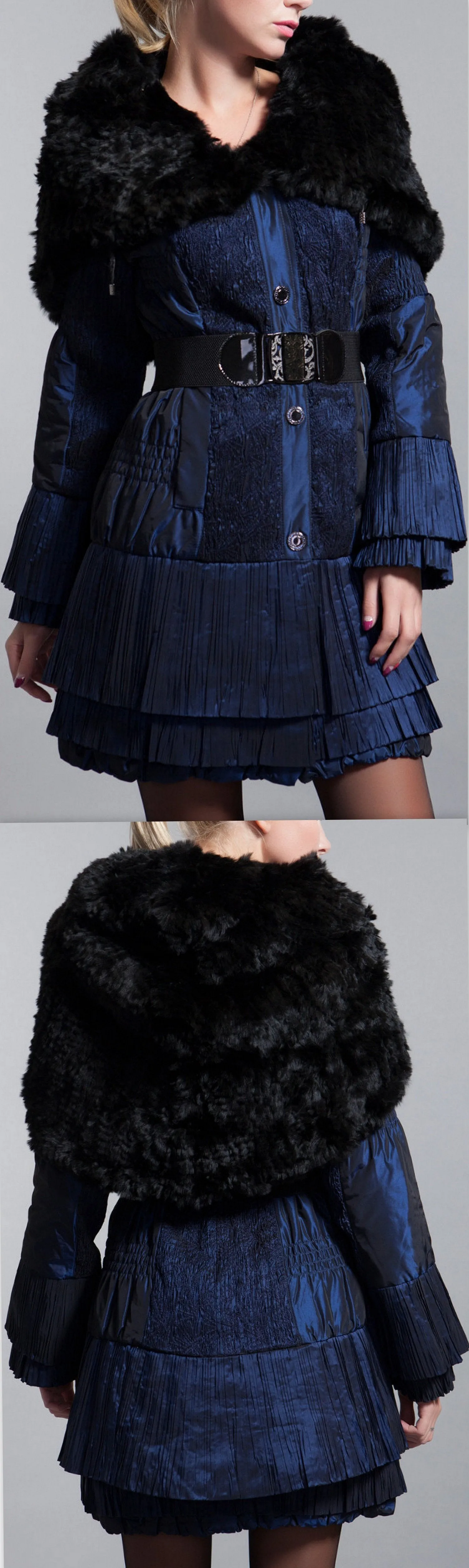 Belted Pleated-Tiered Rabbit-Fur Collar Quilted Coat