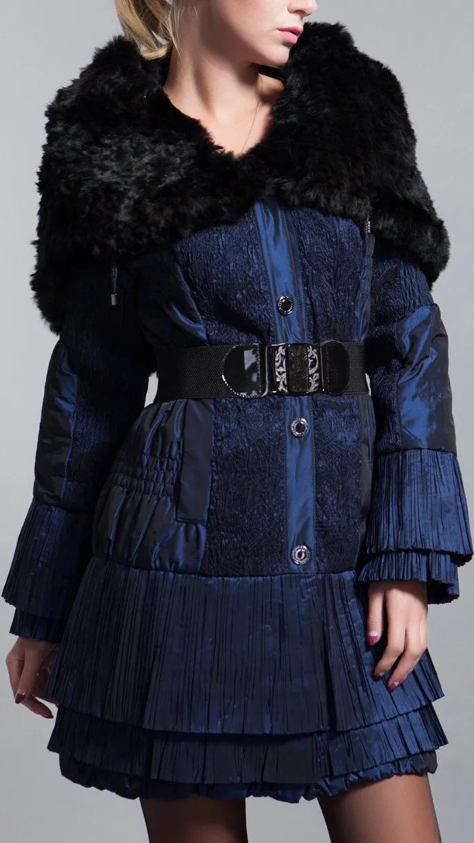 Belted Pleated-Tiered Rabbit-Fur Collar Quilted Coat