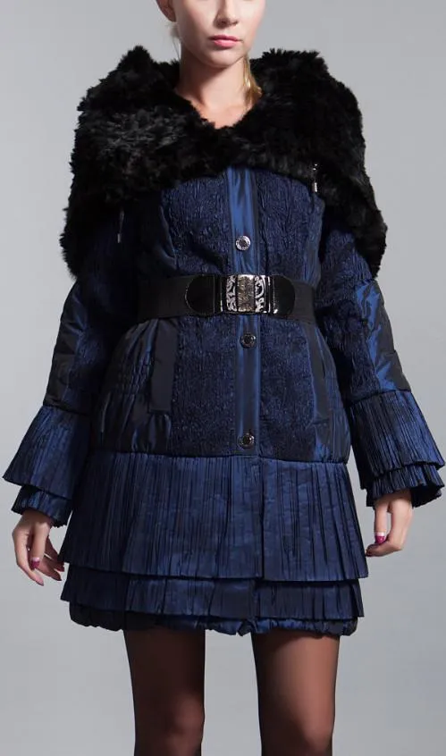 Belted Pleated-Tiered Rabbit-Fur Collar Quilted Coat