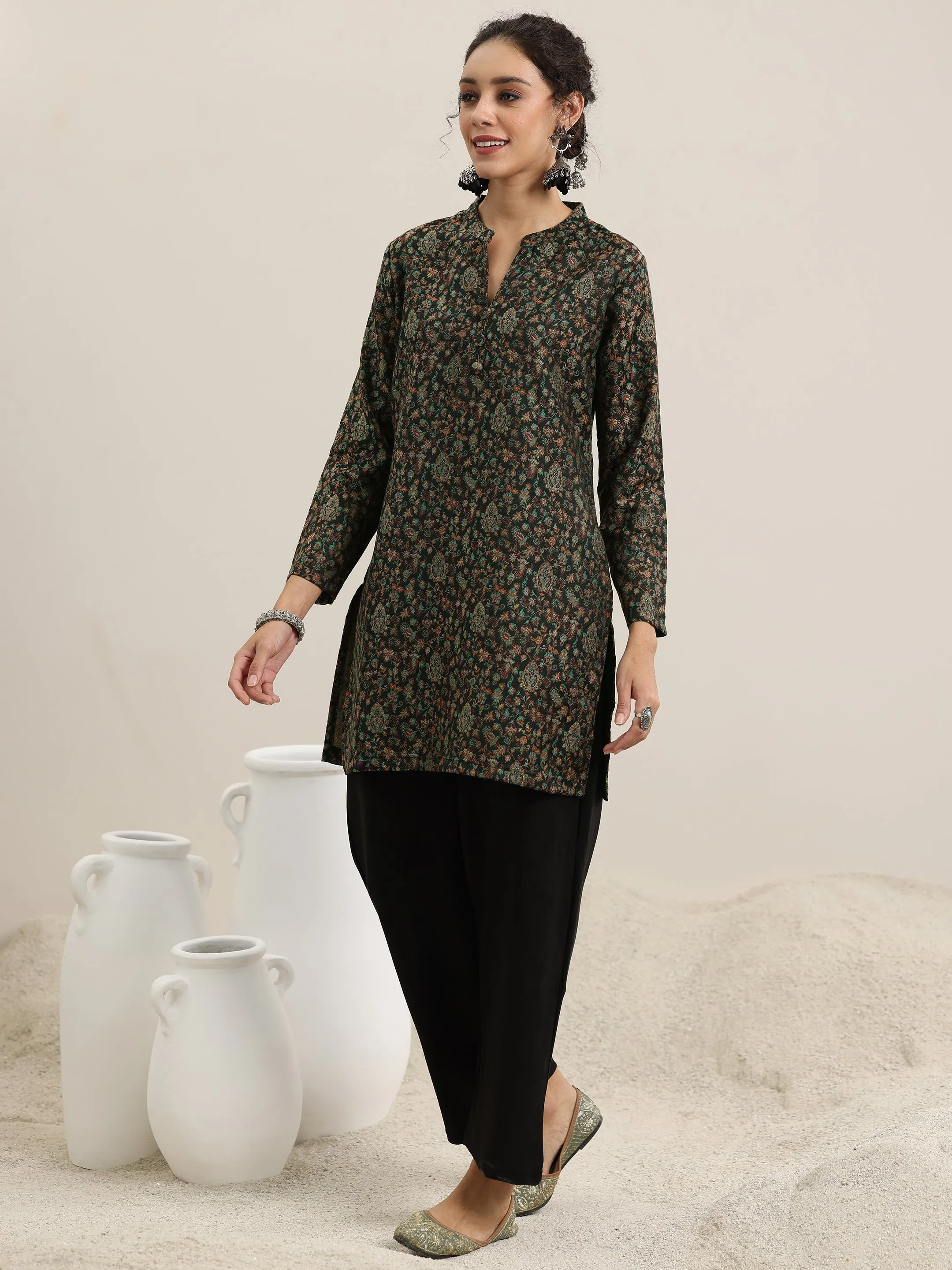 Black Woven Design Wool Blend Straight Kurta With Palazzos