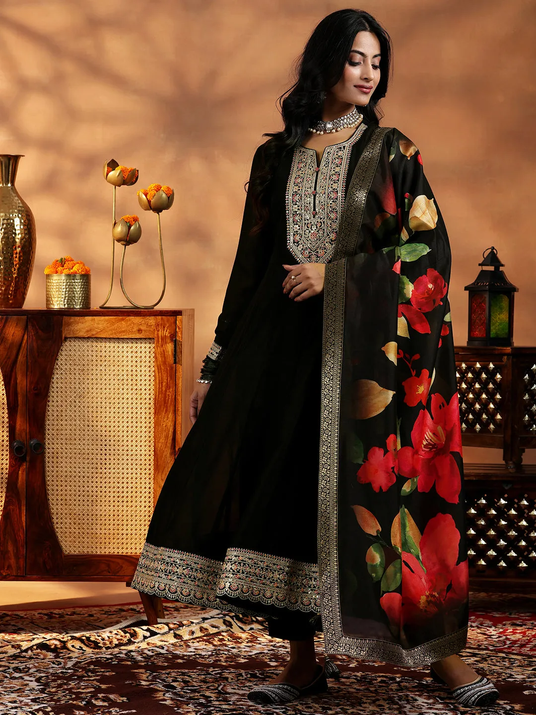 Black Yoke Design Silk Blend A-Line Kurta With Trousers & Dupatta