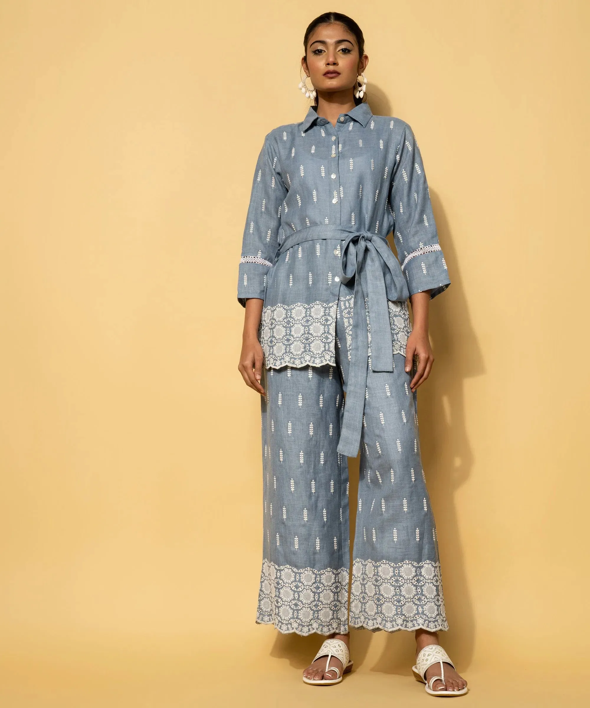 Blue Embroidered Linen Co-Ords