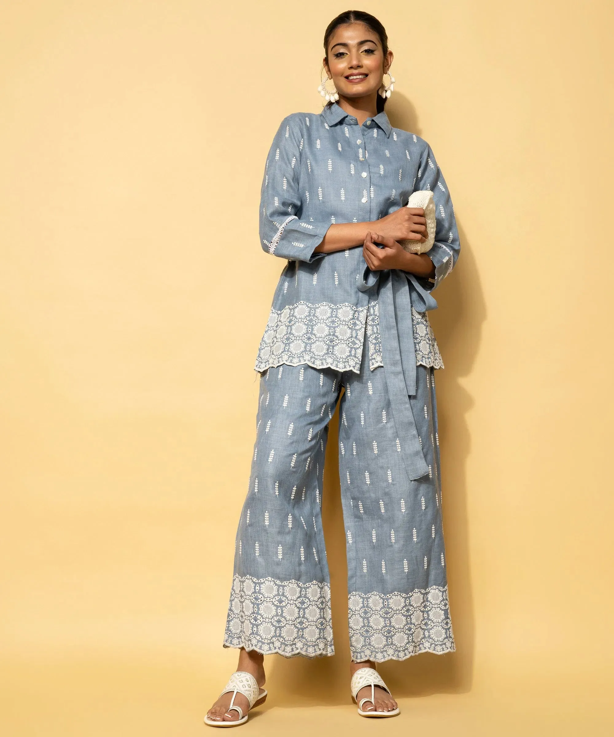 Blue Embroidered Linen Co-Ords