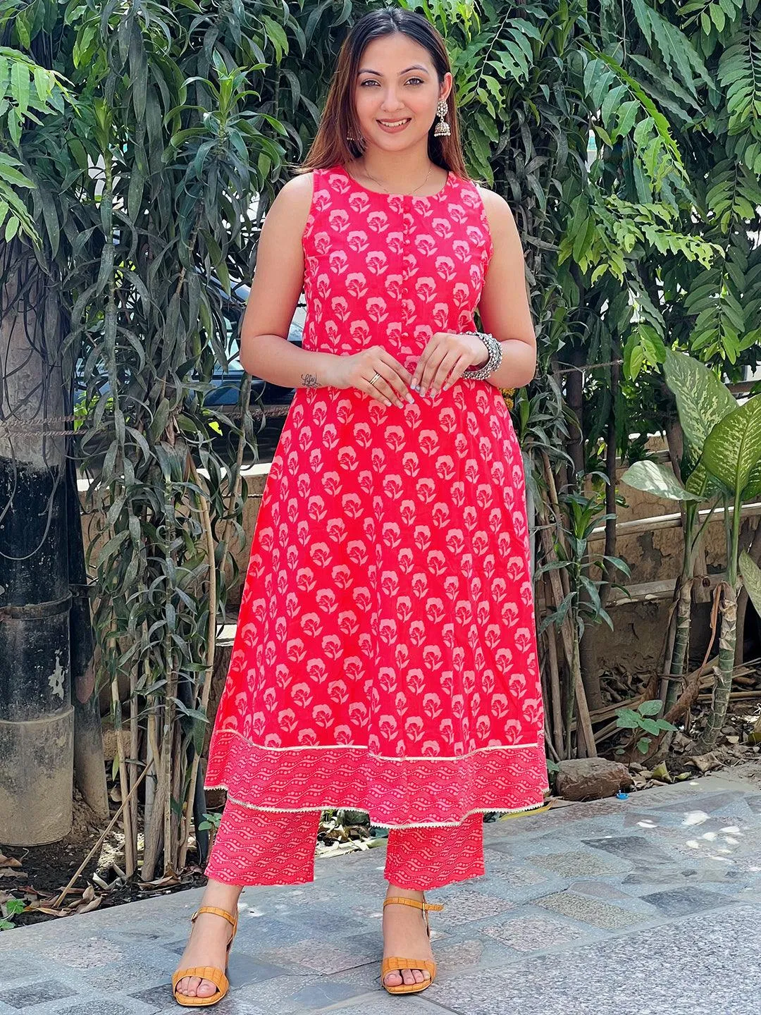 Coral Printed Cotton A-Line Kurta With Trousers