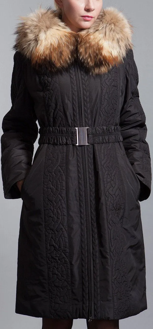 Embroidered Fox-Fur Down Coat, Black