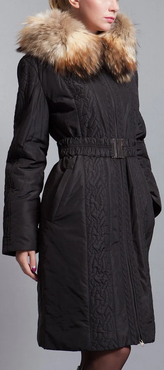 Embroidered Fox-Fur Down Coat, Black