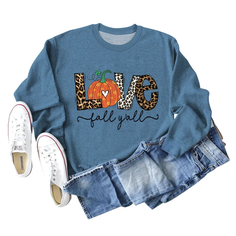 Fall Y'all Letters Pumpkin Leopard Print Halloween Round Neck Loose Long-sleeved Sweater Women