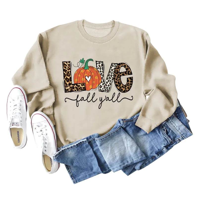 Fall Y'all Letters Pumpkin Leopard Print Halloween Round Neck Loose Long-sleeved Sweater Women