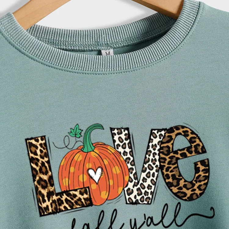 Fall Y'all Letters Pumpkin Leopard Print Halloween Round Neck Loose Long-sleeved Sweater Women