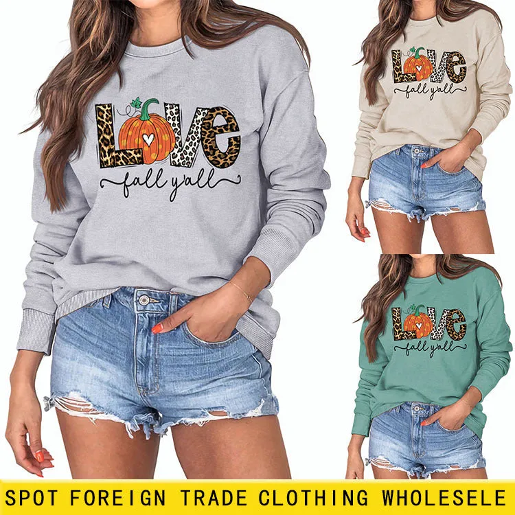 Fall Y'all Letters Pumpkin Leopard Print Halloween Round Neck Loose Long-sleeved Sweater Women