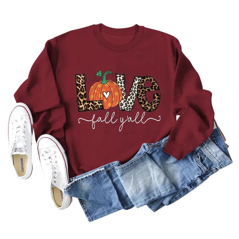 Fall Y'all Letters Pumpkin Leopard Print Halloween Round Neck Loose Long-sleeved Sweater Women