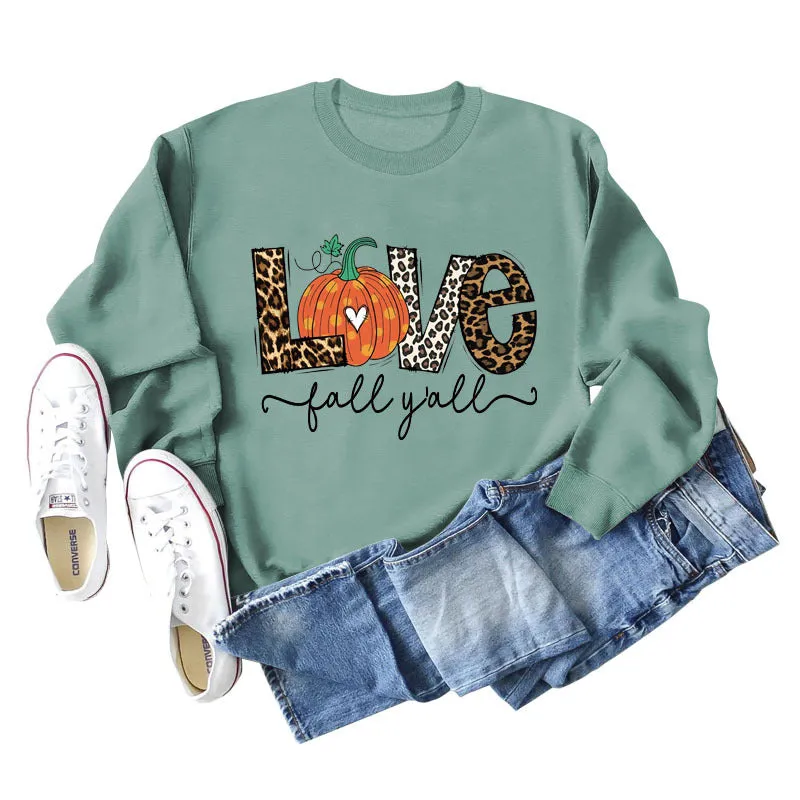 Fall Y'all Letters Pumpkin Leopard Print Halloween Round Neck Loose Long-sleeved Sweater Women