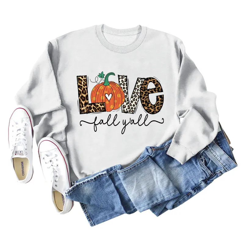 Fall Y'all Letters Pumpkin Leopard Print Halloween Round Neck Loose Long-sleeved Sweater Women