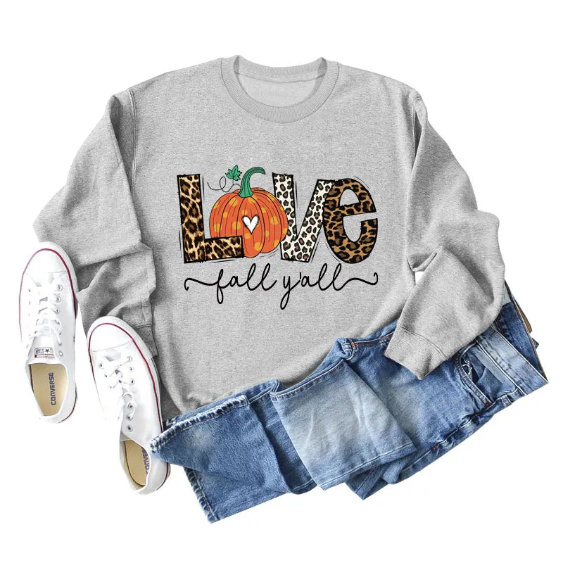 Fall Y'all Letters Pumpkin Leopard Print Halloween Round Neck Loose Long-sleeved Sweater Women