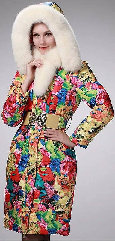 Floral Print Fox-Fur-Hooded Feather-Down Coat