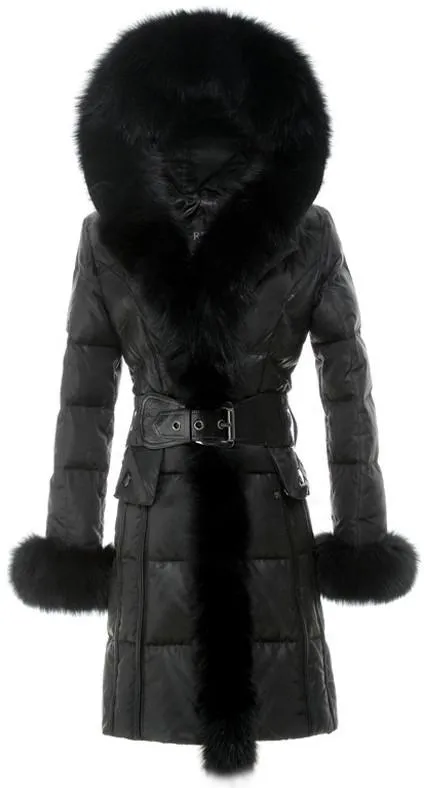 Fox-Fur Hooded Puffer Down Coat in Black or Dark Grey