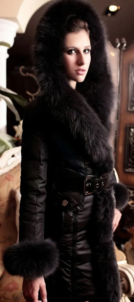 Fox-Fur Hooded Puffer Down Coat in Black or Dark Grey