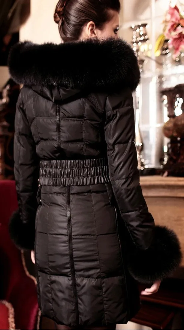 Fox-Fur Hooded Puffer Down Coat in Black or Dark Grey