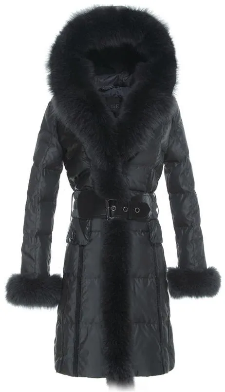 Fox-Fur Hooded Puffer Down Coat in Black or Dark Grey