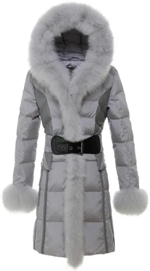 Fox-Fur Hooded Puffer Down Coat in Grey