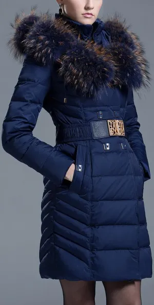 Fur Collar Belted Puffer Down Coat, Navy Blue