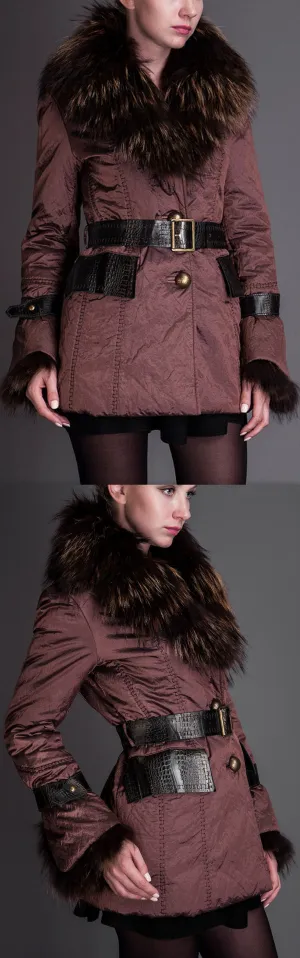 Fur-Collar Belted Short Down Coat