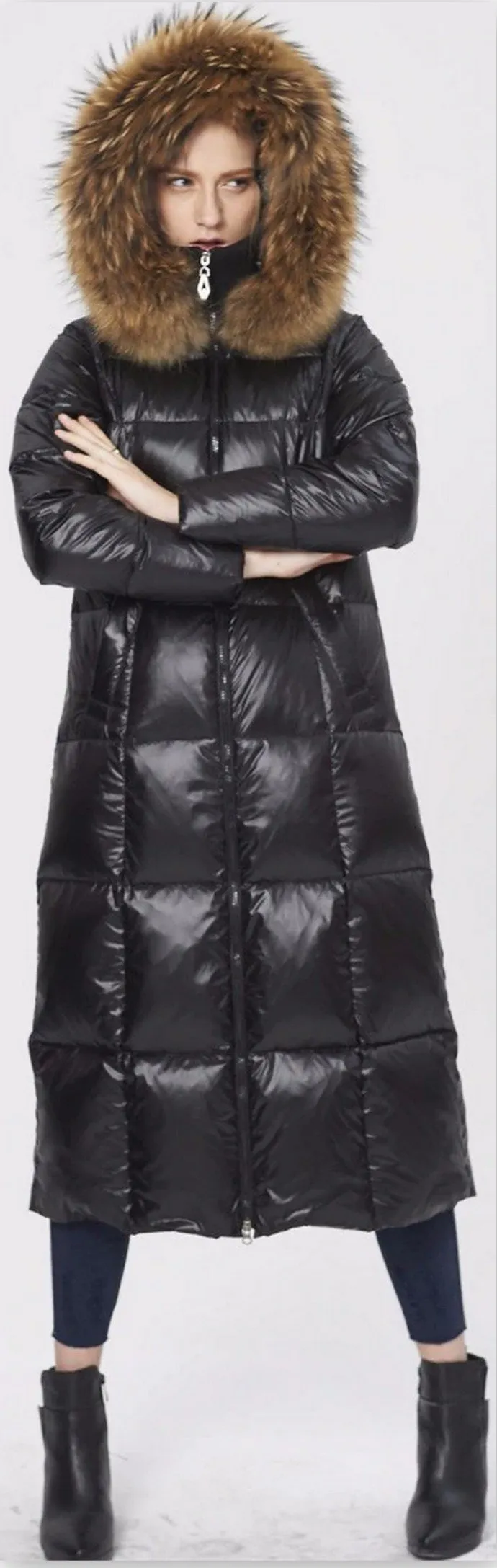 Fur-Hooded Long Puffer Coat, Black