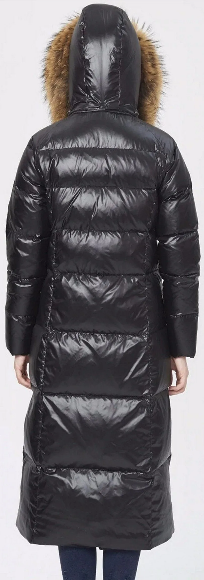 Fur-Hooded Long Puffer Coat, Black