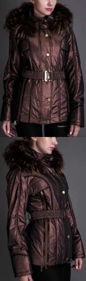 Fur-Hooded Metallic Short Down Jacket