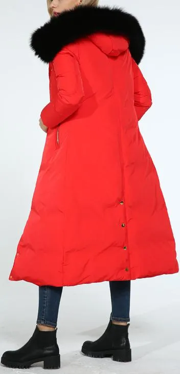 Fur Hooded Puffer Down Coat, Red