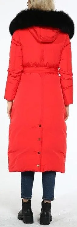 Fur Hooded Puffer Down Coat, Red