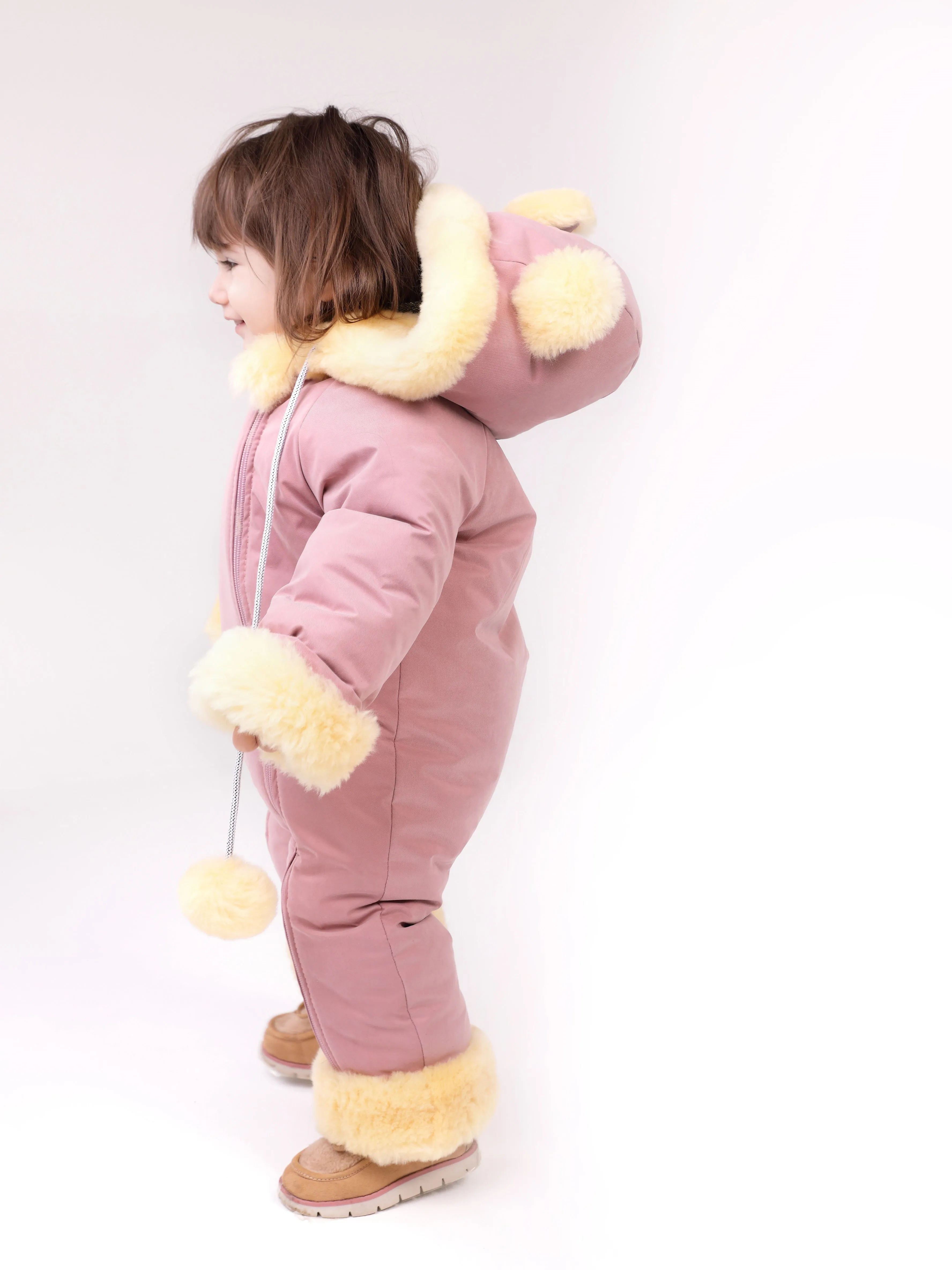 Genuine Sheepskin Winter Baby Fur Hooded Warm Jumpsuit with Fur Trims in Pink Color