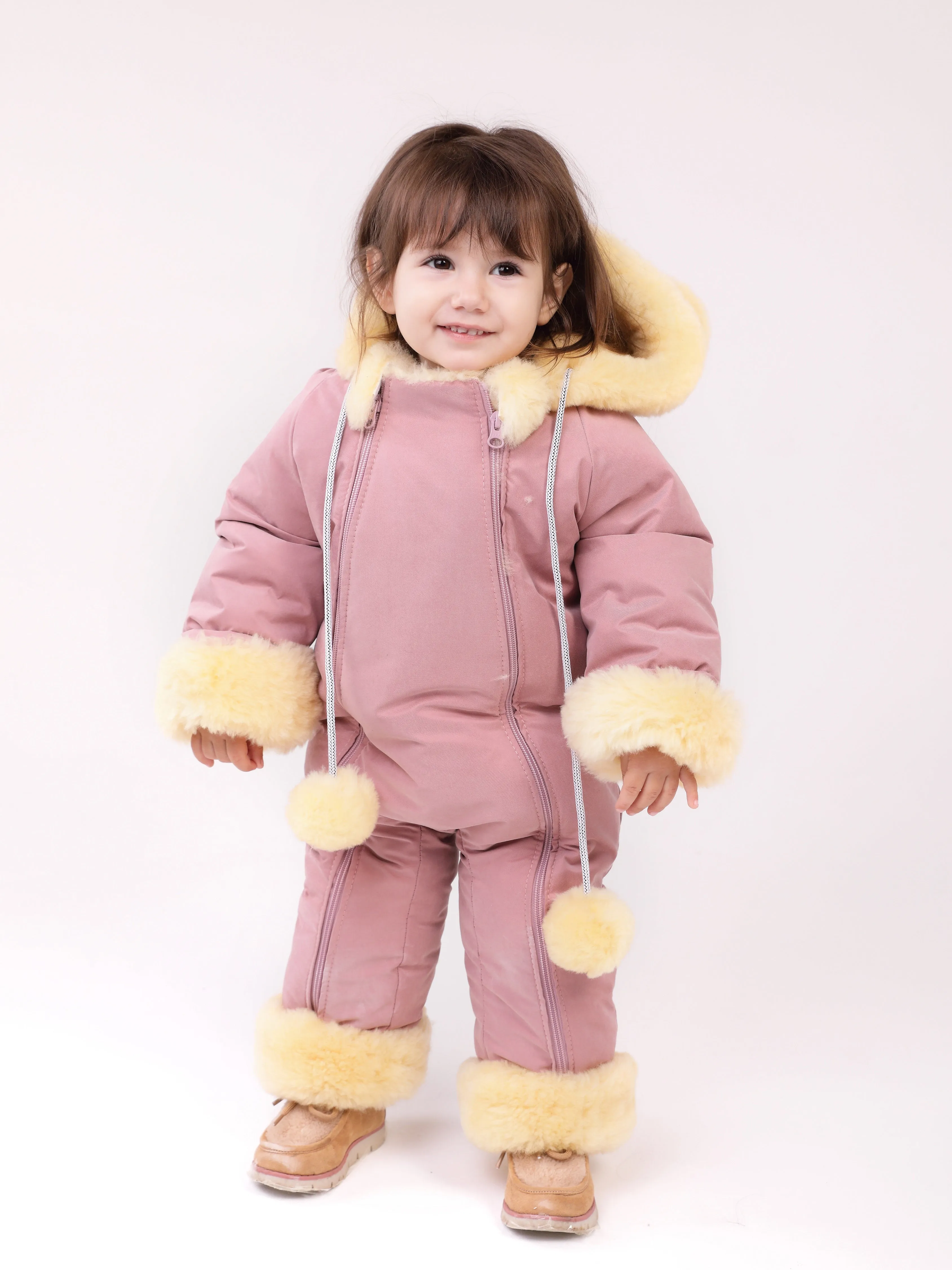 Genuine Sheepskin Winter Baby Fur Hooded Warm Jumpsuit with Fur Trims in Pink Color