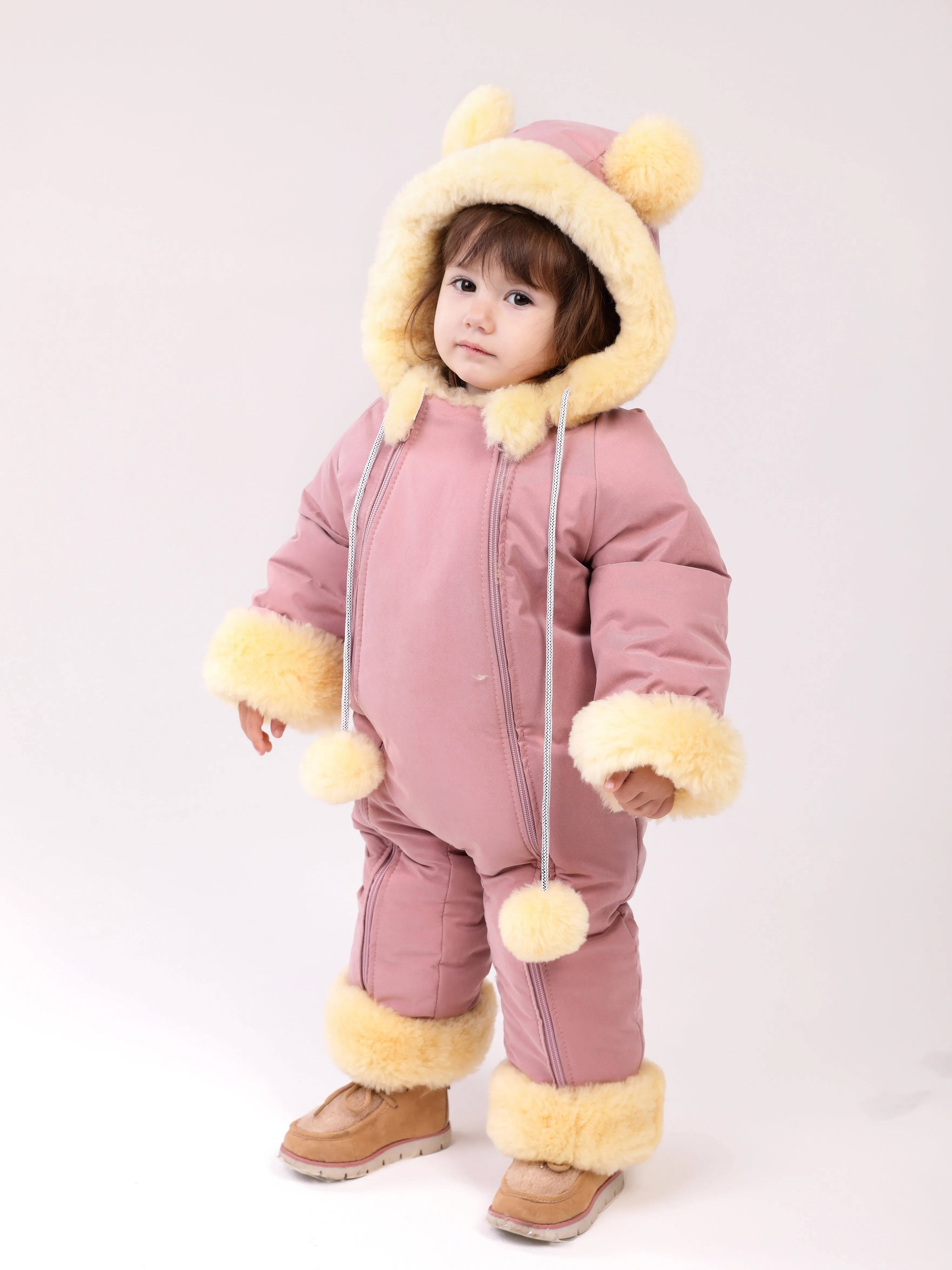 Genuine Sheepskin Winter Baby Fur Hooded Warm Jumpsuit with Fur Trims in Pink Color