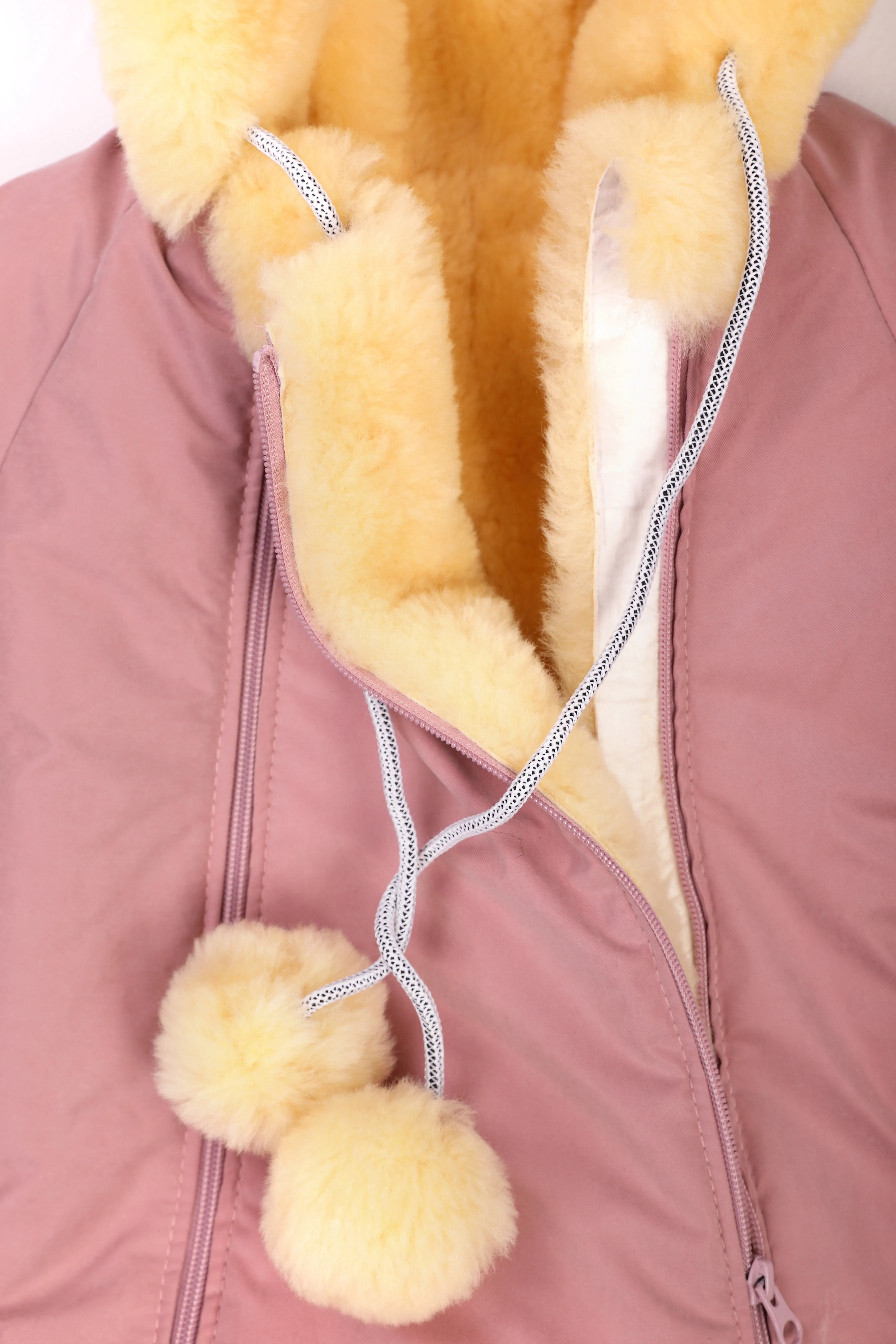 Genuine Sheepskin Winter Baby Fur Hooded Warm Jumpsuit with Fur Trims in Pink Color