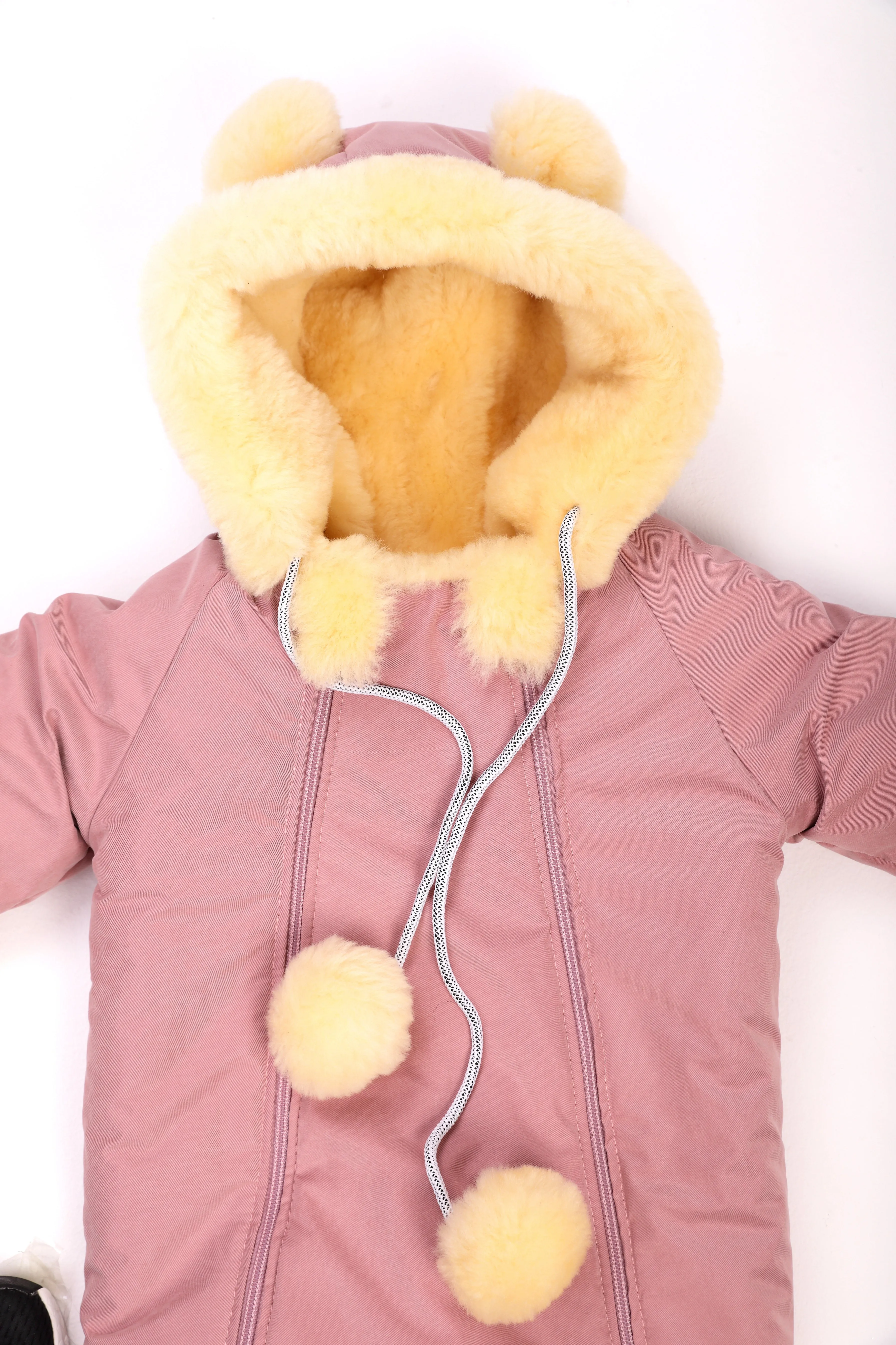 Genuine Sheepskin Winter Baby Fur Hooded Warm Jumpsuit with Fur Trims in Pink Color