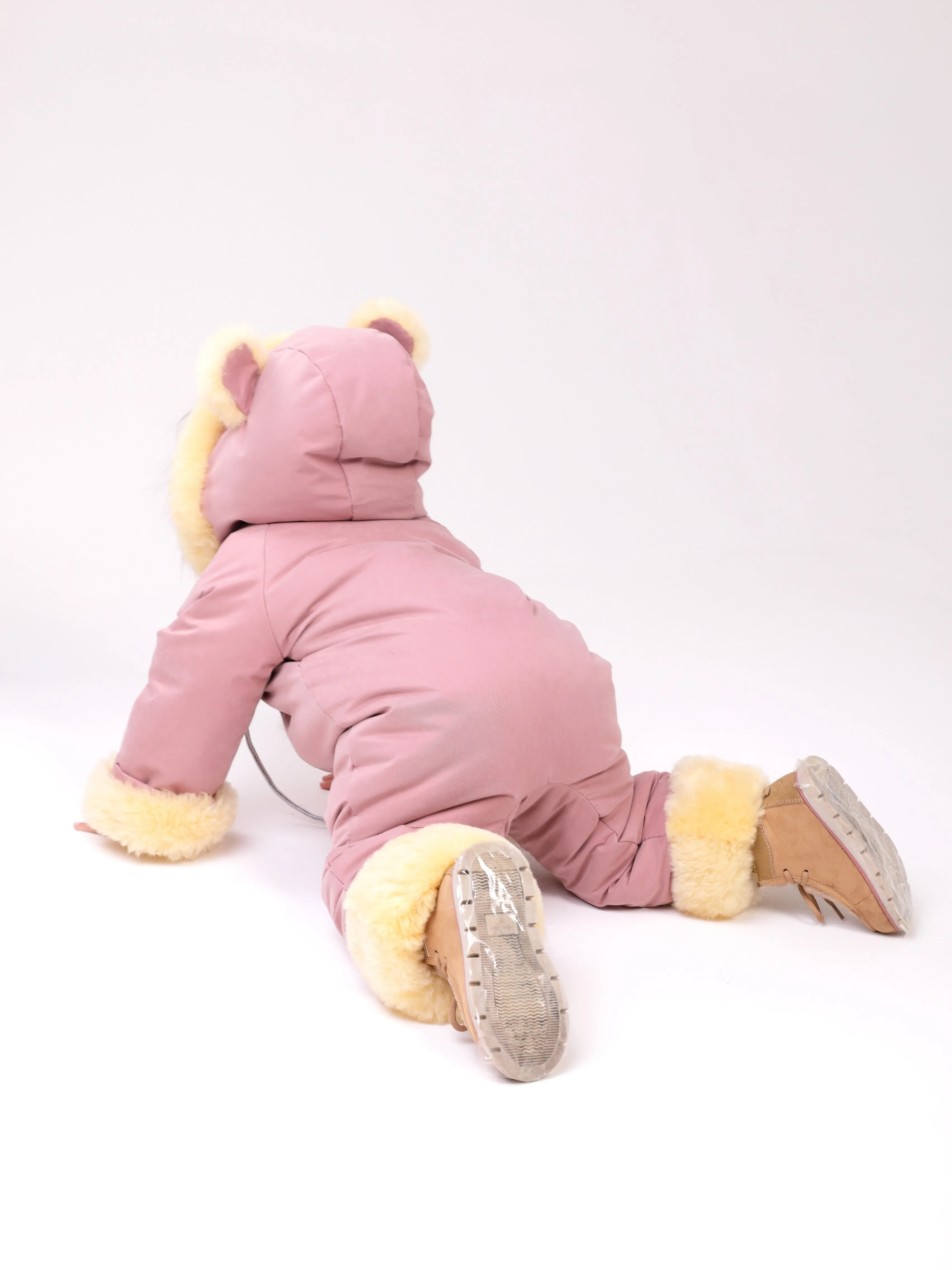 Genuine Sheepskin Winter Baby Fur Hooded Warm Jumpsuit with Fur Trims in Pink Color