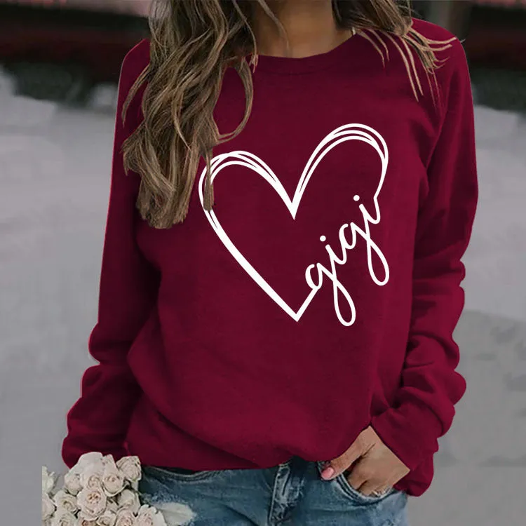 Gigi Heart Letter Printed Round Neck Loose Bottomed Long Sleeve Sweater