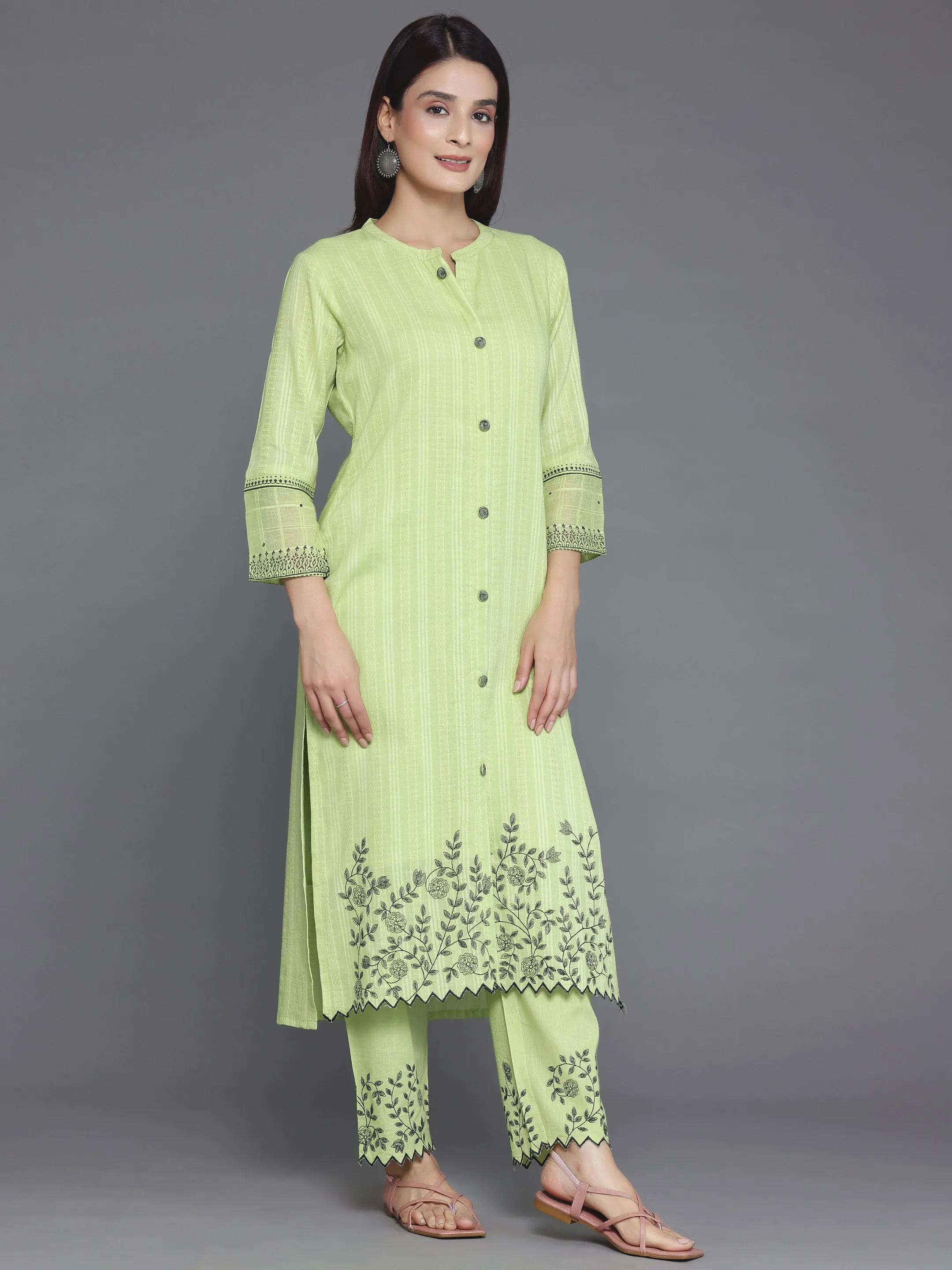 Green Woven Design Cotton Straight Suit With Dupatta