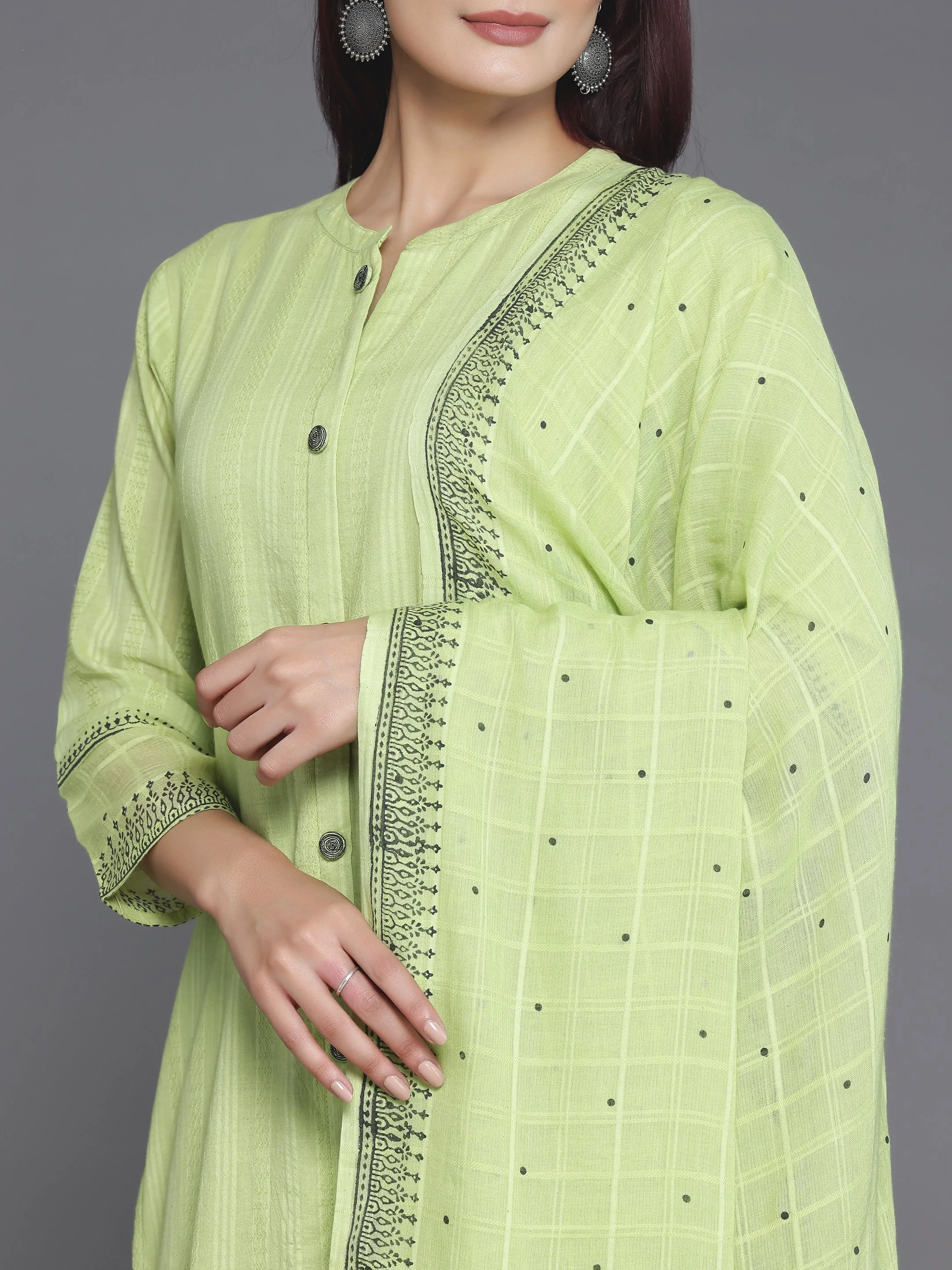 Green Woven Design Cotton Straight Suit With Dupatta