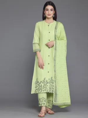 Green Woven Design Cotton Straight Suit With Dupatta