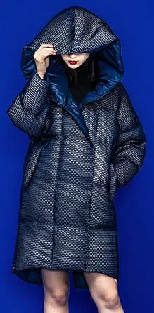 Honeycomb Textured Large-Hooded Thick White-Duck-Down Coat in White or Blue