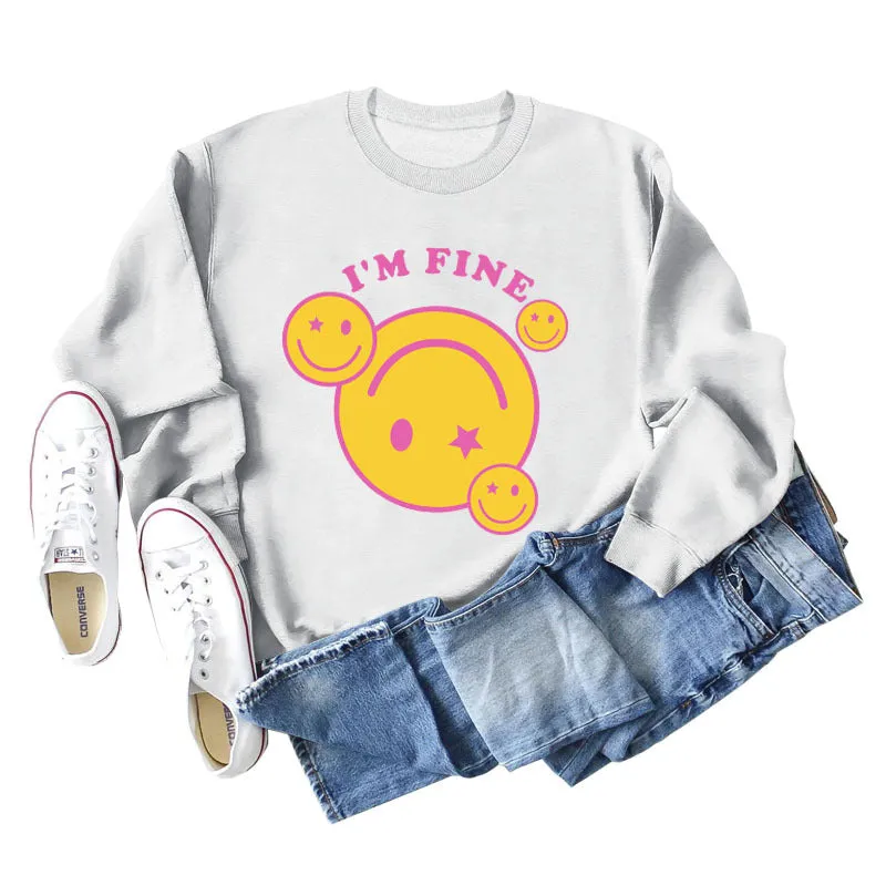 I'M FINE Smiley Letter Print New Long-sleeved Women's Sweater