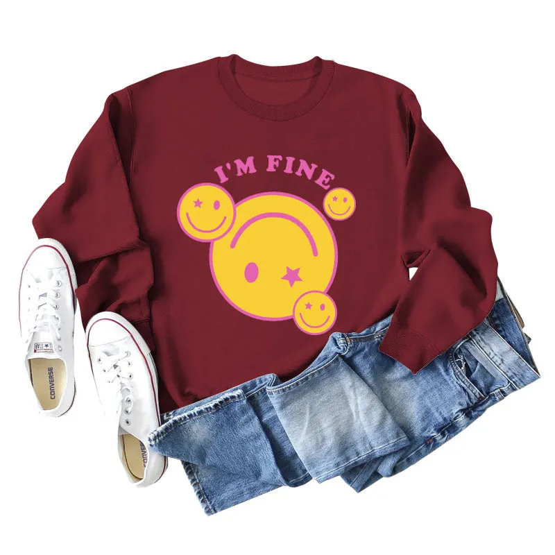 I'M FINE Smiley Letter Print New Long-sleeved Women's Sweater