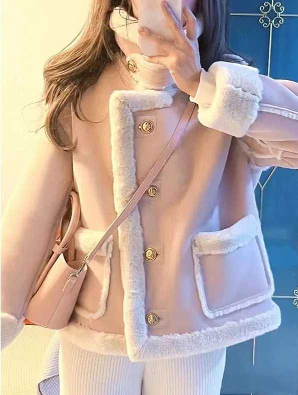 Korean Coquette Aesthetic Ladies Pink Winter Jacket Shearling Coat