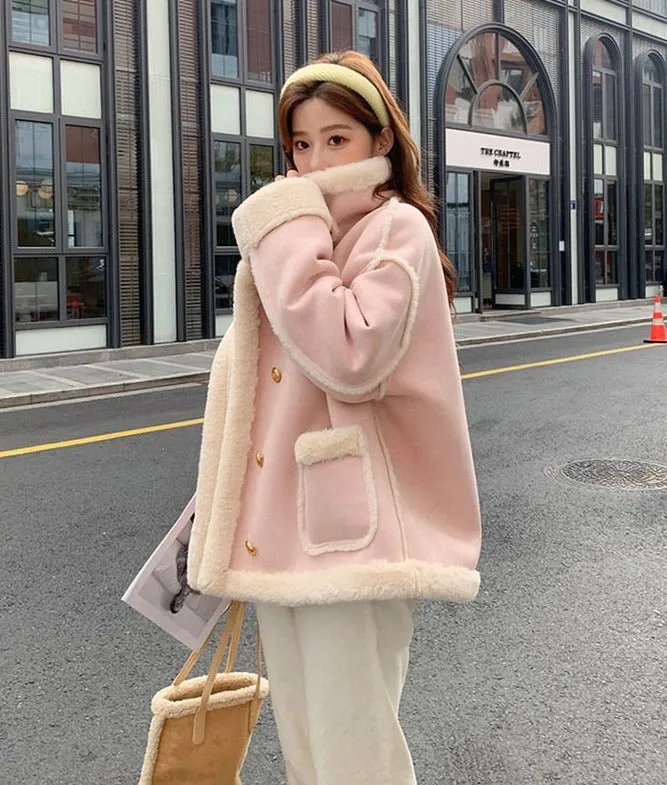 Korean Coquette Aesthetic Ladies Pink Winter Jacket Shearling Coat