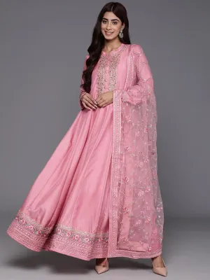 Libas Art Pink Yoke Design Silk Anarkali Suit With Dupatta